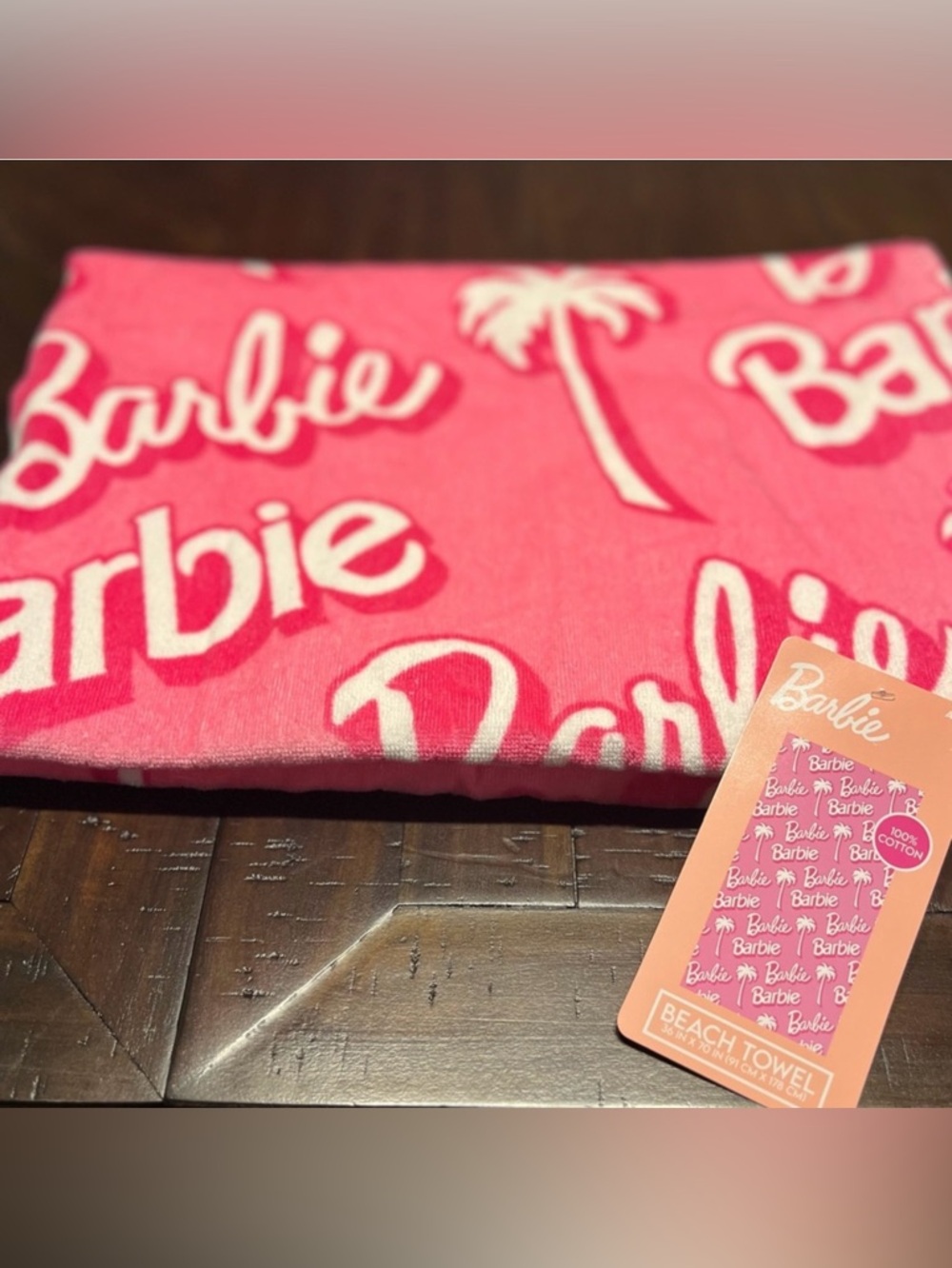 Barbie Signature Logo Palm Tree Pink and White Beach Towel